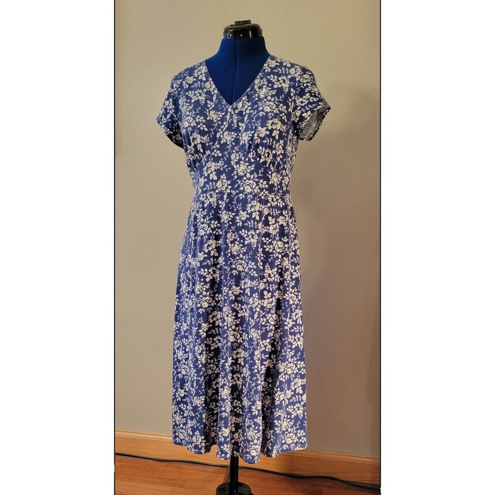 Sahalie Jersey Knit Cap Sleeve Midi Dress, Soft Navy & Ivory Print